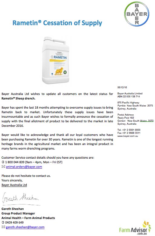 Figure 2. Bayer's letter to customers about the cessation of supply of Rametin.