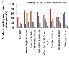 Figure 3. Percentage of producers using various worm control techniques within each region. Note that rams with ASBV relates to selecting rams that have Australian Sheep Breeding Values for low worm egg count.
